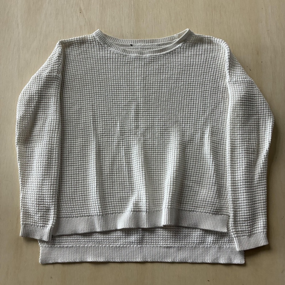 Sweater Womens XL White Crew Neck Waffle-Knit Thermal Cotton Pullover Oversized